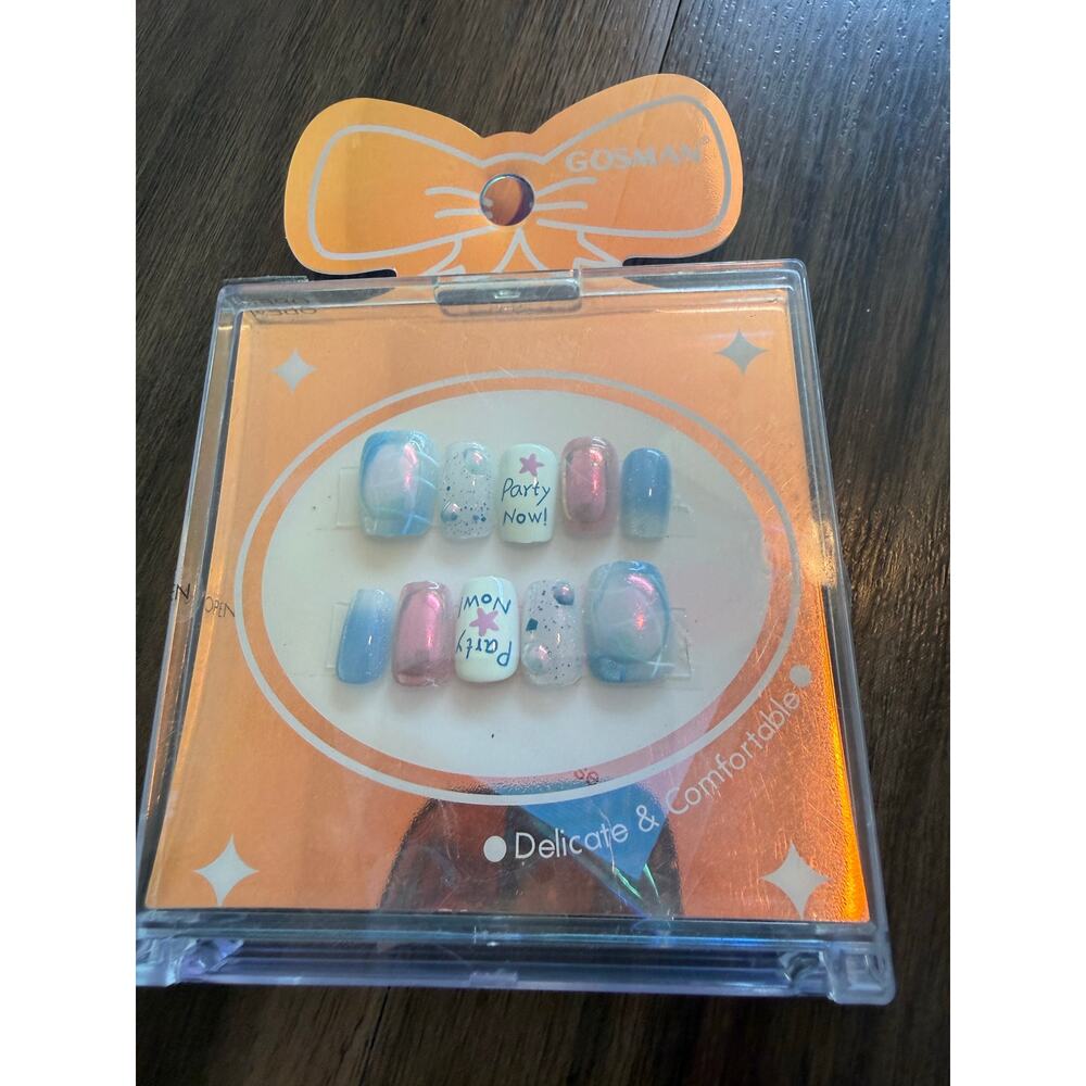 GOSMAN Kawaii Pastel Blue Pink Press On Nails Party Now Short Square